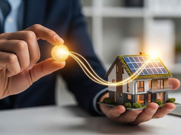 Un experto muestra cómo la financiación para placas solares es una inversión directa en tu hogar, con una línea dorada conectando una moneda de euro a una casa en miniatura.