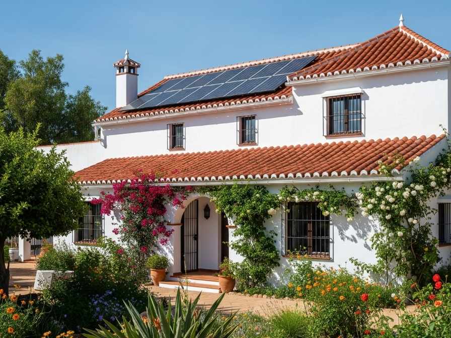 placas solares en andalucia ayudas y bonificaciones Casa tradicional andaluza con placas solares instaladas en el tejado y un jardín florido, ilustrando una instalación de paneles solares en Andalucía.</p>
<p>