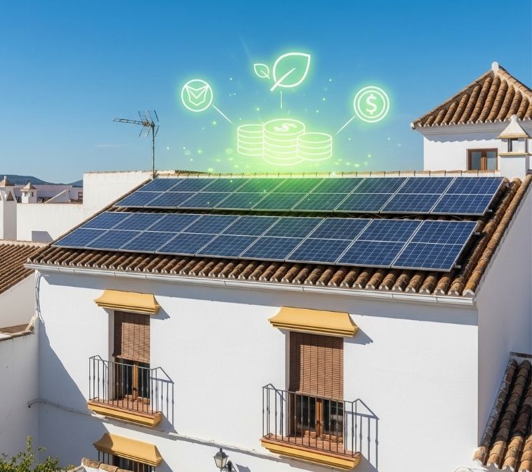 instalacion fotovoltaica con ilustracion representando la energía fotovoltaica como sinonimo de ahorro y cuidado del medioambiente