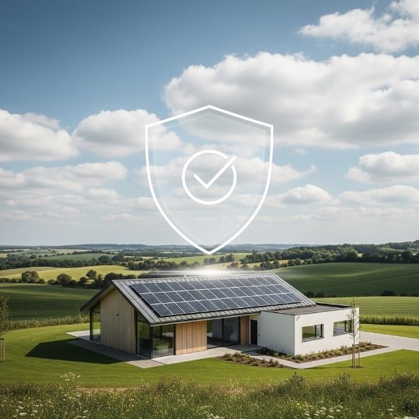 Ilustración de una casa de campo protegida por un escudo de seguridad, que simboliza la tranquilidad de legalizar una instalación fotovoltaica aislada.