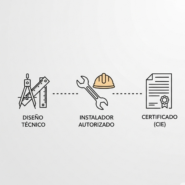 Infografía con los 3 pasos para legalizar una instalación fotovoltaica aislada: Diseño Técnico, Instalador Autorizado y Certificado de Instalación Eléctrica (CIE)