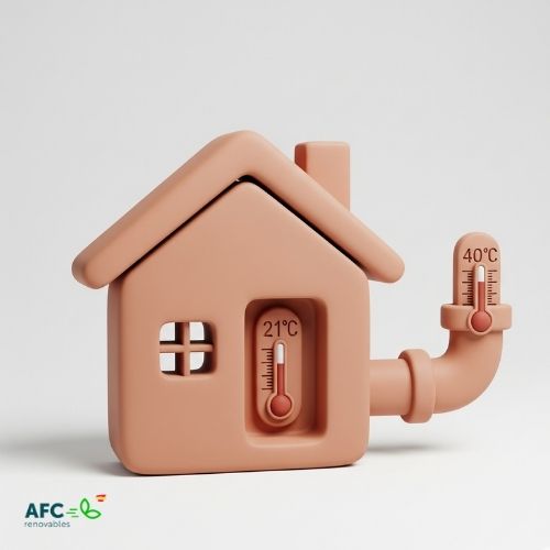 Ilustración 3D de la diferencia entre la temperatura de impulsión y la temperatura ambiente en un sistema de aerotermia para conseguir el máximo ahorro.