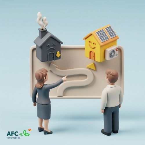 ilustracion representando el asesoramiento de afc renovables para instalacion de aerotermia con apoyo solar fotovoltaico