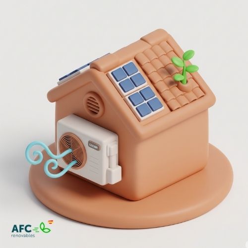 Ilustración 3D de una casa con paneles solares y una bomba de aerotermia en su fachada, con un icono de aire limpio saliendo de ella y una planta en el tejado, representando la sostenibilidad y el autoconsumo.