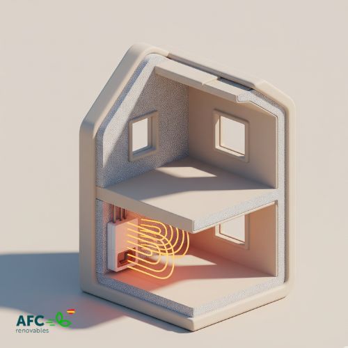 aerotermia con radiadores aislamiento Representación 3D de una sección transversal de una casa con paredes bien aisladas y un sistema de aerotermia que emite calor, mostrando la eficiencia de la combinación de aerotermia y radiadores.