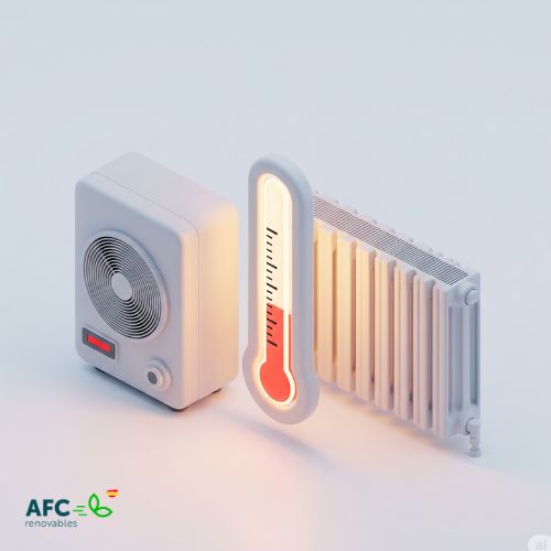 aerotermia con radiadores ilustracion Diagrama 3D isométrico de un termómetro brillante entre una bomba de calor de aerotermia y un radiador, ilustrando el factor clave de la temperatura.