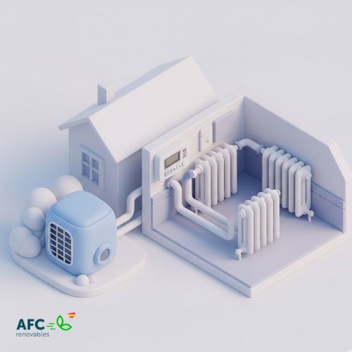 aerotermia con radiadores Diagrama isométrico que muestra la compatibilidad de aerotermia y radiadores en una casa, destacando la instalación interior.</p>
<p>