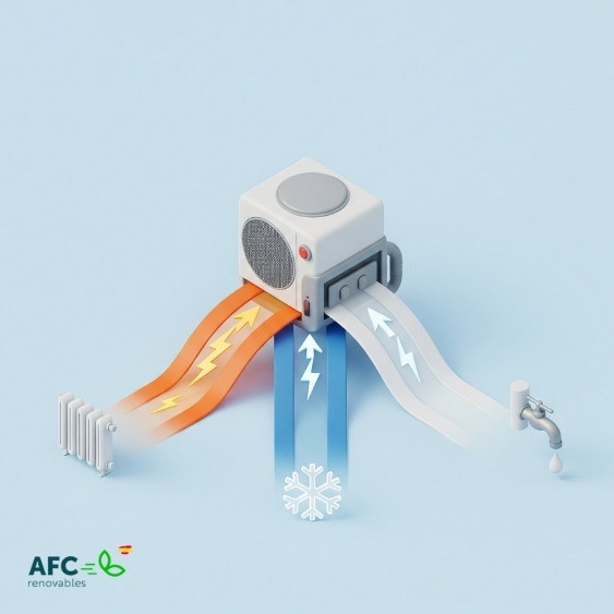 ilustracion de aerotermia en comunidad de  vecinos representando la calefaccion, el aire acondicionado y el agua caliente