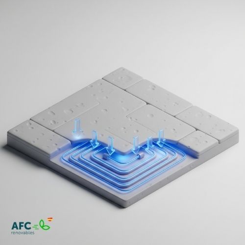ilustracion de aerotermia y suelo radiante refrescante en perspectiva isometrica