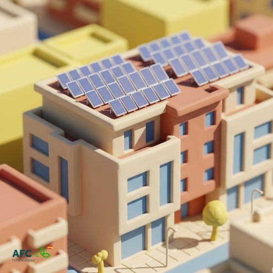 imagen de edificio con paneles solares estilo arcilla 3D para ilsutrar el articulo Bono social electrico 