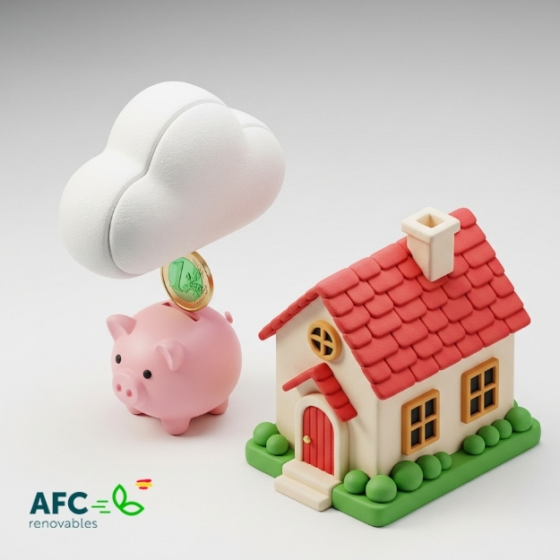 ilustración de una casita representando la ayuda de bono social térmico andalucía en el artículo de afc renovables, con una hucha cerdito y una casa