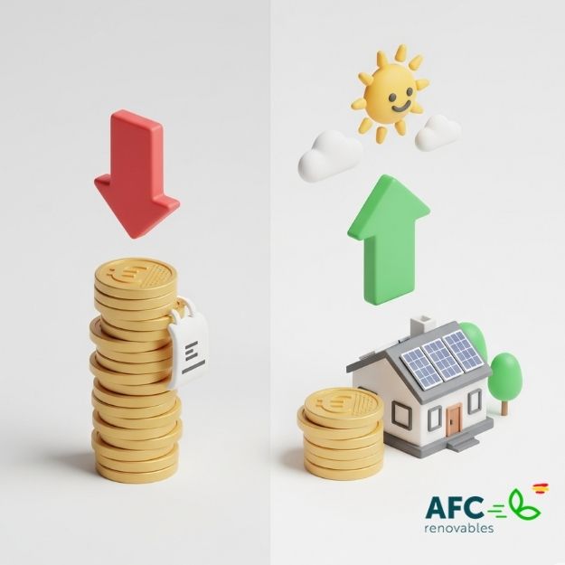caculadora rentabilidad placas solares (1) Gráfico comparativo que muestra el resultado de calcular la rentabilidad de placas solares: a la izquierda un gran gasto en luz, y a la derecha un ahorro significativo gracias al autoconsumo solar.