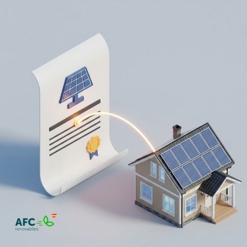 Render 3D isométrico de un **certificado de eficiencia energética** que se conecta a una vivienda con paneles solares, uniendo el concepto de certificación con la instalación fotovoltaica
