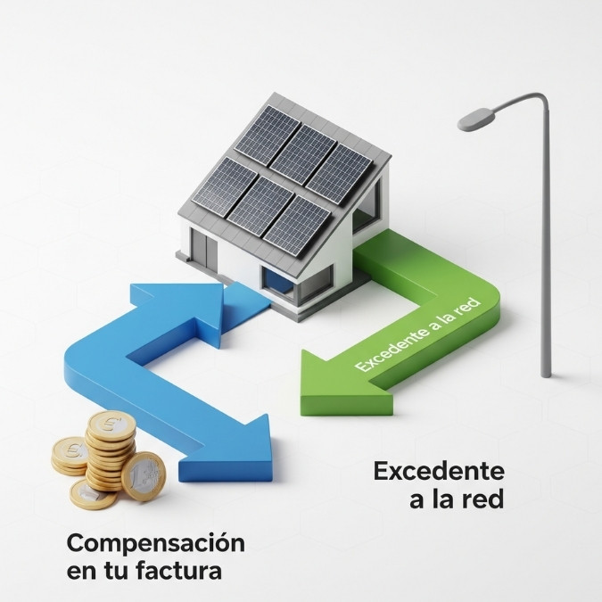 _compensación de excedentes de autoconsumo (1) Diagrama que explica la compensacion excedentes autoconsumo, mostrando el flujo de energía desde los paneles solares a la vivienda y a la red eléctrica.