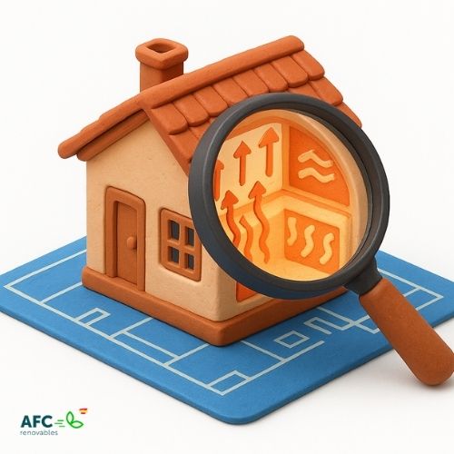 ilustracion aerotermia sobredimensionada Ilustración de un estudio térmico preciso sobre una vivienda, simbolizando el cálculo necesario para evitar una aerotermia sobredimensionada.