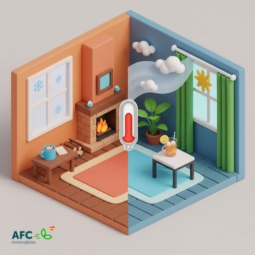 instalar aerotermia en un piso de 100m Concepto de climatización integral con aerotermia en un piso, mostrando una habitación dividida en verano (frío) e invierno (calor)