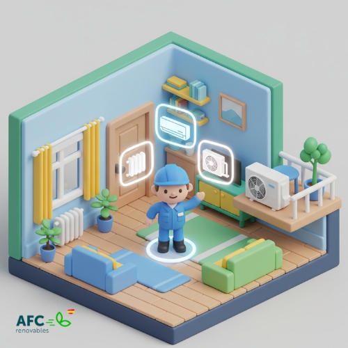 instalar aerotermia en un piso Ilustración 3D sobre la viabilidad de la aerotermia en un piso, mostrando a un técnico con los 3 componentes clave de la instalación
