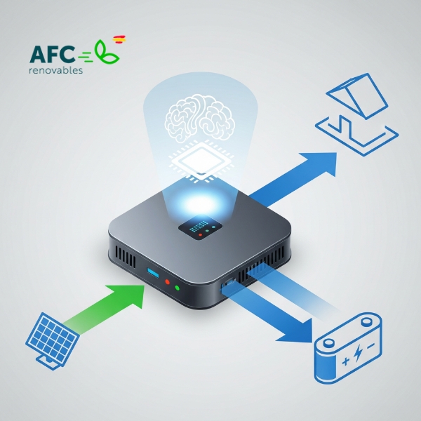 Esquema del inversor, el cerebro de un kit solar aislada 5000w, gestionando la energía de las placas hacia la batería y la vivienda.