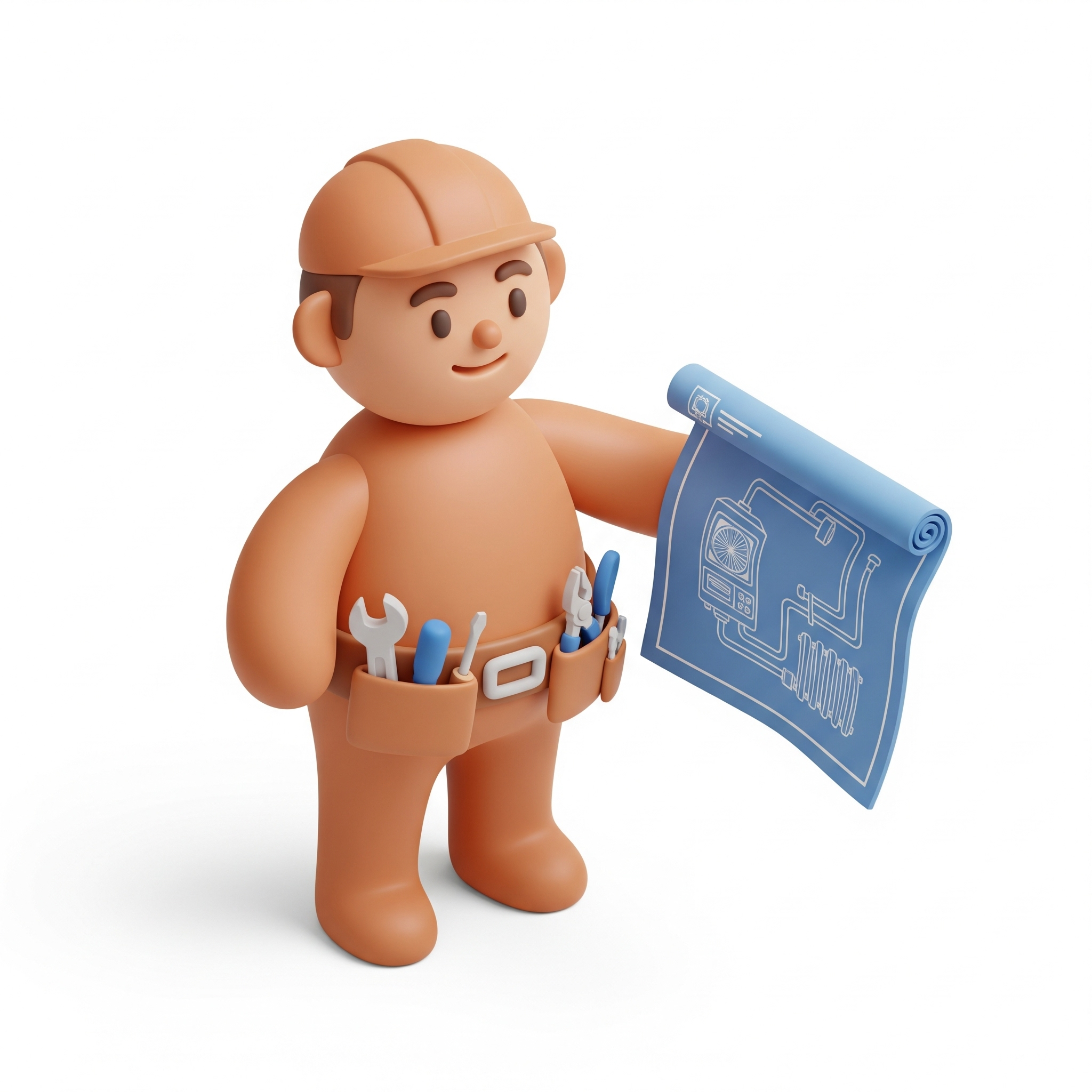 dibujo en 3d representando un isntalador de calefacción sosteniendo un plano