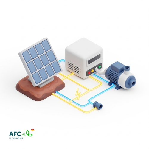 Esquema 3D de una instalación de bombeo solar con panel fotovoltaico, inversor y bomba de agua para riego en Andalucía.