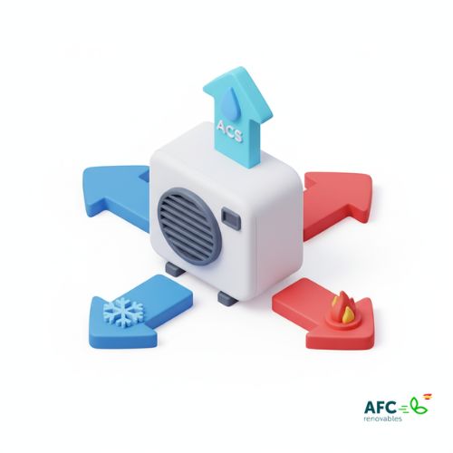 aerotermia-climatizacion-integral-3-en-1 Icono 3D de aerotermia como climatización integral: flechas para calefacción (roja), refrigeración (azul) y ACS (agua)