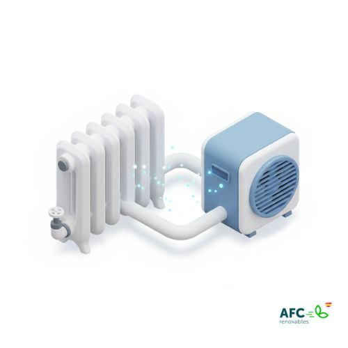 aerotermia-compatible-con-radiadores Ilustración 3D de una unidad de aerotermia conectada a un radiador clásico, mostrando su compatibilidad.