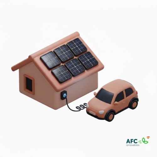 ampliacion-fotovoltaica-para-carga-coche-electrico Ilustración 3D de una casa con paneles solares que carga un coche eléctrico, un motivo habitual para ampliar la instalación fotovoltaica.