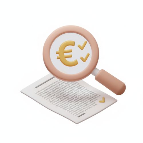 Ilustración 3D de una lupa examinando un documento, revelando un símbolo de euro y ticks verdes, representando la transparencia y ausencia de letra pequeña en la batería virtual autoconsumo