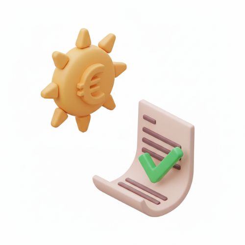 Concepto 3D de una factura de luz con un gran tic verde, simbolizando la factura pagada con el excedente de la **batería virtual autoconsumo** solar.