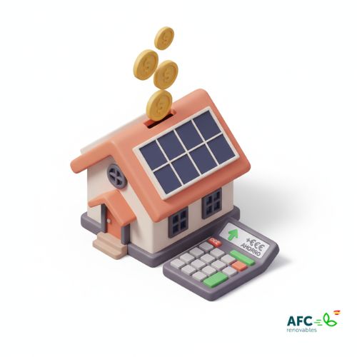 calculo-ahorro-amortizacion-ampliacion-fotovoltaica Ilustración 3D de una casa-hucha con placas solares y una calculadora que muestra el cálculo de ahorro, representando la amortización de la ampliación.