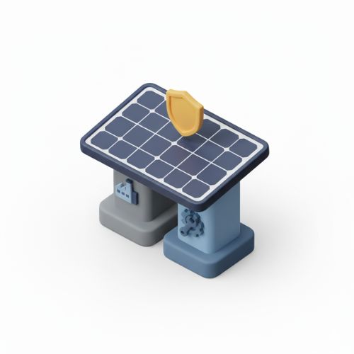 como elegir paneles solares (2) Panel solar soportado por dos pilares que simbolizan un fabricante Tier 1 (con icono de fábrica) y un instalador fiable (con icono de engranaje y llave), con un escudo dorado encima, representando la seguridad de la garantía al elegir paneles solares de calidad.