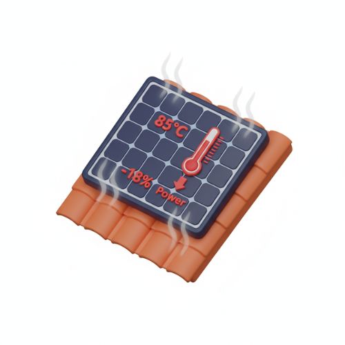 como elegir paneles solares Panel solar monocristalino en tejado con termómetro indicando 85°C y -18% de potencia, ilustrando la pérdida de rendimiento de los paneles solares por altas temperaturas en Andalucía, un factor clave al elegir paneles solares