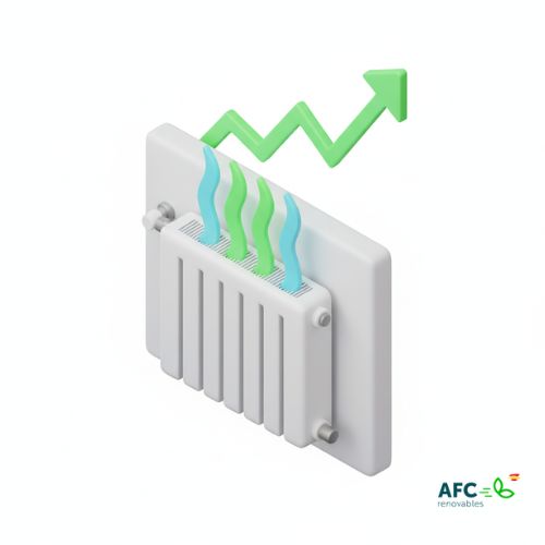 la mejor calefaccion para un piso Radiador moderno en un piso con ondas de energía y una flecha ascendente, representando el ahorro energético y la eficiencia de un sistema de calefacción.