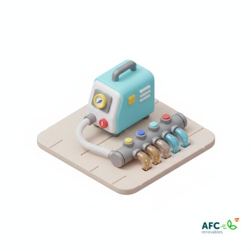 Ilustración 3D de la máquina de limpieza por impulsos conectada a un colector para el mantenimiento del suelo radiante.