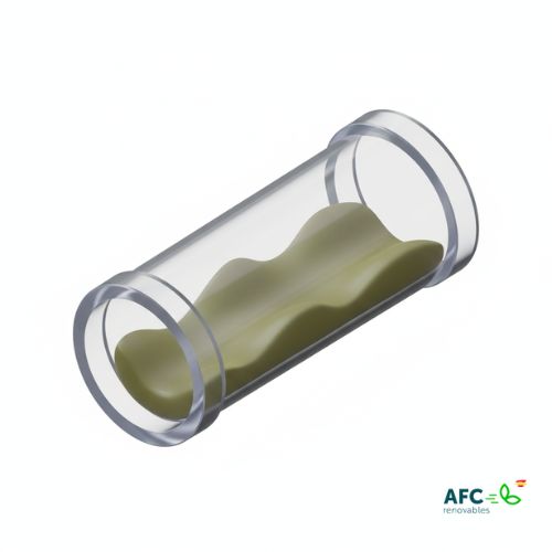 Ilustración 3D de lodos y algas obstruyendo una tubería, problema que requiere el mantenimiento profesional del suelo radiante.