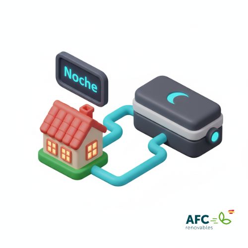 ilustración representando el funcionamiento y duración de una batería solar de noche