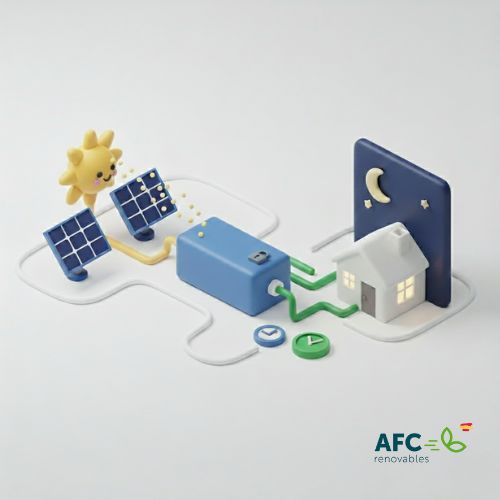 Representación 3D isométrico de paneles solares cargando una batería de acumuladores que suministra energía a una casa por la noche, simbolizando el ahorro y la gestión de excedentes de energía solar