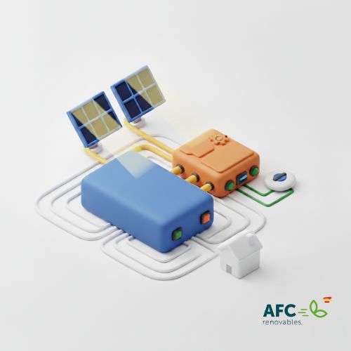 Diagrama 3D isométrico que ilustra un sistema de acumuladores para paneles solares conectado a una casa, mostrando los paneles solares, la batería de almacenamiento, el inversor híbrido y el smart meter.