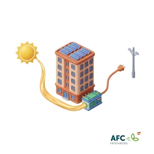 Diseño isométrico 3D de un bloque de pisos con placas solares en el tejado y una gran batería de litio para el autoconsumo compartido en la comunidad de vecinos.