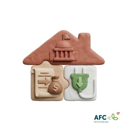 Icono de casa dividido en tres partes que muestra la bonificación municipal IBI, el ahorro en la factura de luz y el retorno fiscal mediante la deducción IRPF por aerotermia.