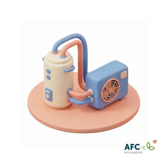 Representación isométrica de un sistema de aerotermia bibloc: una unidad interior compacta tipo caldera conectada por tuberías a la unidad exterior con ventilador, ideal para pisos sin espacio