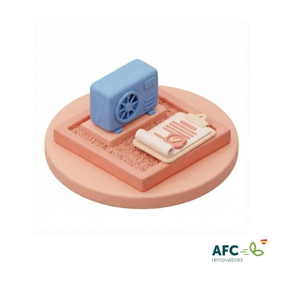 Unidad exterior de aerotermia instalada sobre grava en una azotea comunitaria, junto a un documento con sello de aprobación que representa el permiso de la comunidad de vecinos.