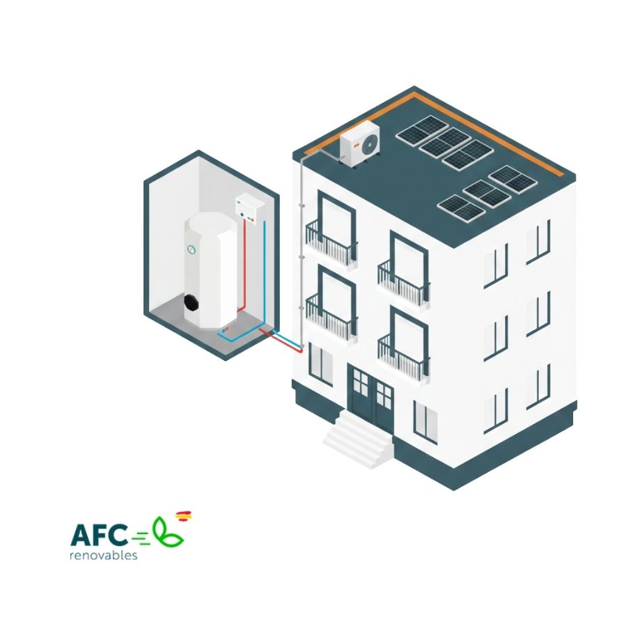 ilustracion de un esquema de instalacion de aerotermia en bloque de pisos